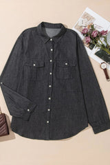 Pocketed Collared Neck Long Sleeve Denim Top for Women- Fashlot