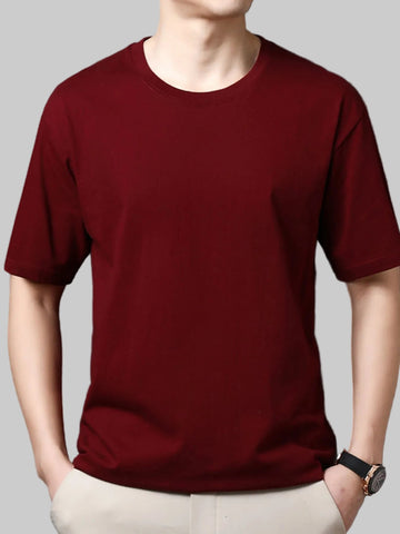 Men’s Full Size Round Neck Half Sleeve Plus Size T-Shirt – Cotton Stretch, Classic Versatile Wine Red Tee - Fashlot