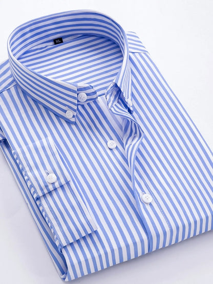 Men’s Light Blue Plus Size Striped Button Up Long Sleeve Shirt – Classic Comfort & Timeless Style - Fashlot