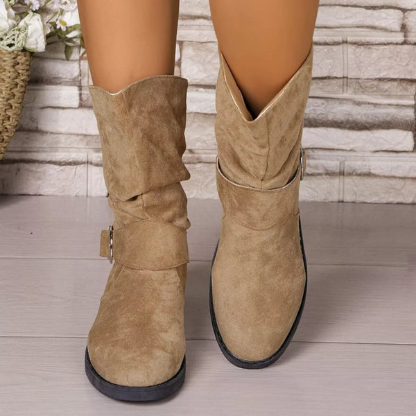 Beige suede boots worn by a person on a wooden floor with a stone wall background - Fashlot