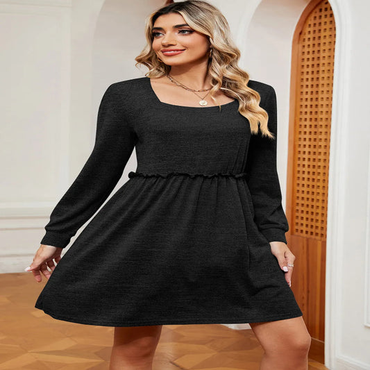 Women’s Frill Square Neck Long Sleeve Slight Stretch Dress - Fashlot