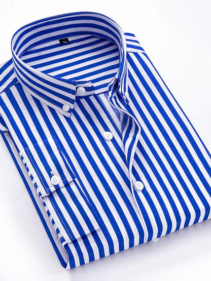 Men’s Lake Blue Plus Size Striped Button Up Long Sleeve Shirt – Classic Comfort & Timeless Style - Fashlot