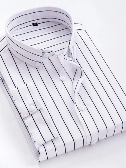 Men’s Plus Size White Striped Button Up Long Sleeve Shirt – Classic Comfort & Timeless Style - Fashlot