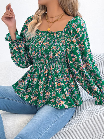 Floral Square Neck Flounce Sleeve Blouse – Feminine Style, Breezy Comfort, Everyday Elegance - Fashlot