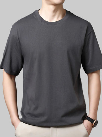 Men’s Full Size Round Neck Half Sleeve Plus Size T-Shirt – Cotton Stretch, Classic Versatile Gray Tee - Fashlot