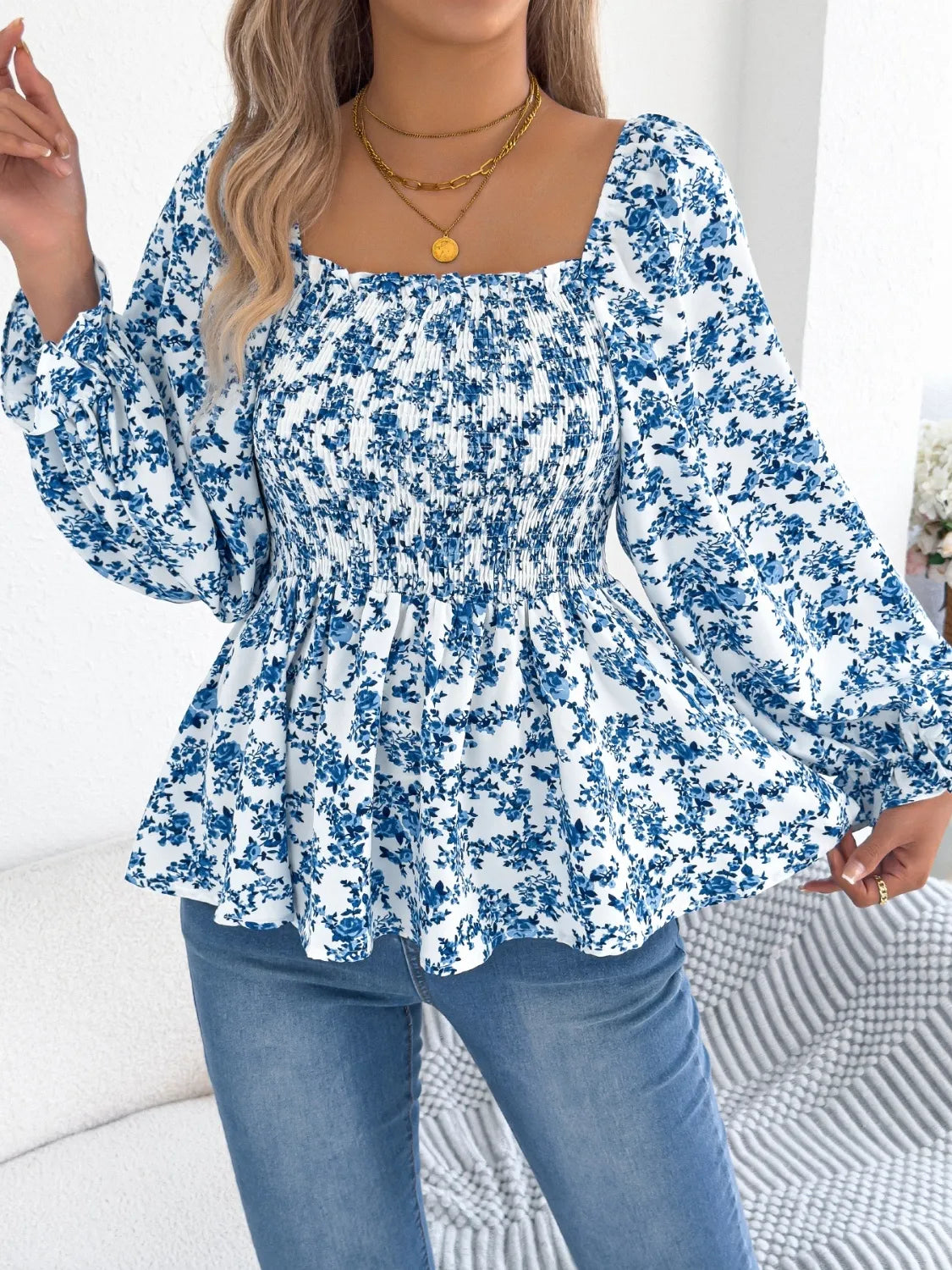 Floral Square Neck Flounce Sleeve Blouse – Feminine Style, Breezy Comfort, Everyday Elegance - Fashlot