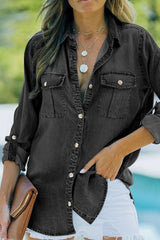 Pocketed Collared Neck Long Sleeve Denim Top for Women- Fashlot