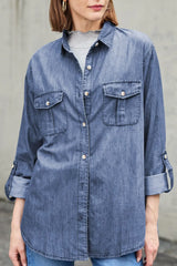 Pocketed Collared Neck Long Sleeve Denim Top for Women- Fashlot