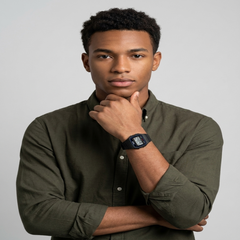 A man wearing an olive green long-sleeve button-down shirt and a black digital watch, posing with his hand on his chin against a light gray background. - Fashlot