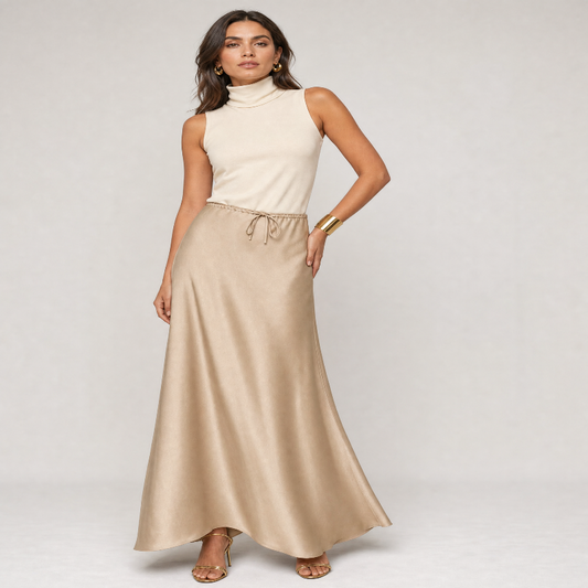 A woman modeling a sleeveless cream mock-neck top paired with a floor-length beige satin skirt featuring a drawstring waist, set against a plain light gray studio background. - Fashlot