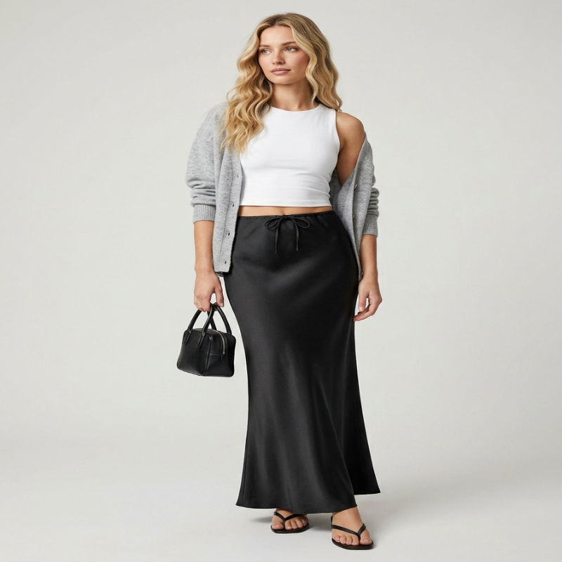 A woman stands against a light gray studio background wearing a white ribbed crop top, a light gray cardigan, a long black satin-like skirt with a drawstring waist, and black sandals. She holds a small black handbag. - Fashlot