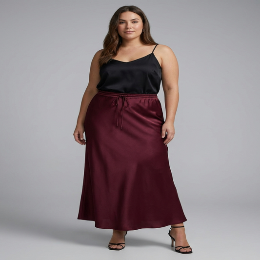 A woman modeling a black satin camisole top and a matching dark burgundy satin midi skirt with a drawstring waist, paired with black heeled sandals, against a solid gray studio background. - Fashlot